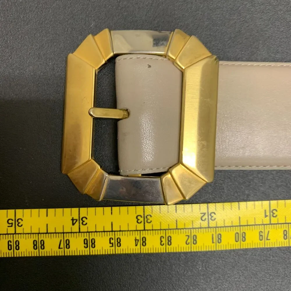 Vintage Retro Cream Leather Art Deco‎ Belt Gold Silver Buckle Art to Wear Medium